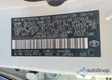 2016 Toyota Prius из США, поврежденный, VIN JTDKARFU2G3017301